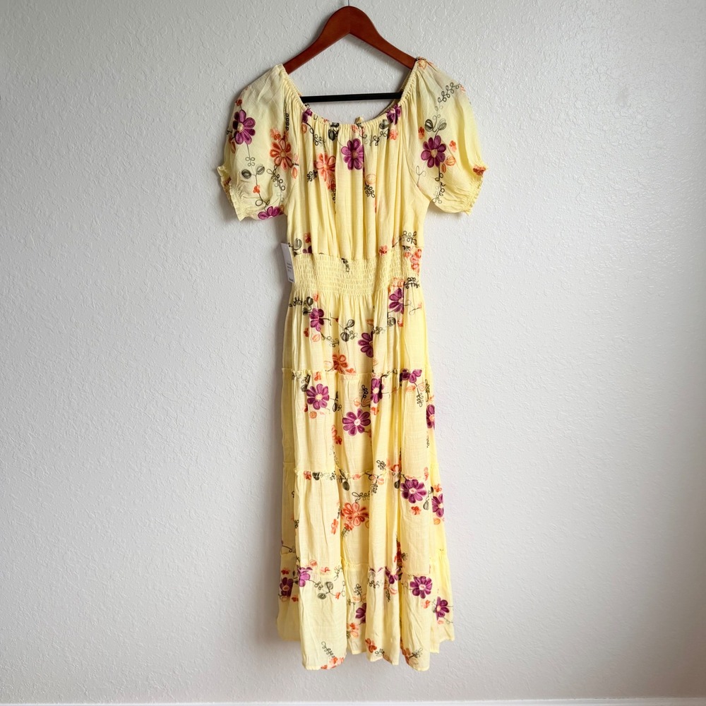 Anthro Kindred Smocked Maxi Dress Butter Yellow Embroidered NWT Cottagecore - Picture 13 of 16